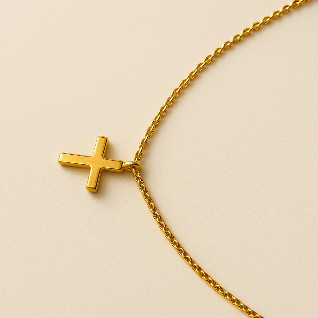 stainless steel cross necklace in gold – minimalist pendant on neutral oat background