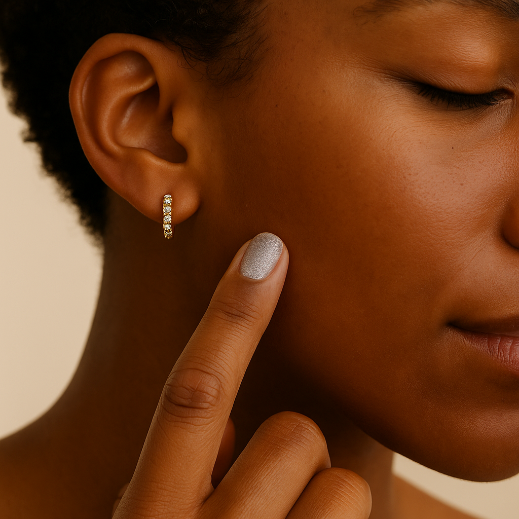 black woman wearing gold hoop earrings with small diamonds – huggie hoop style | Glowvy
