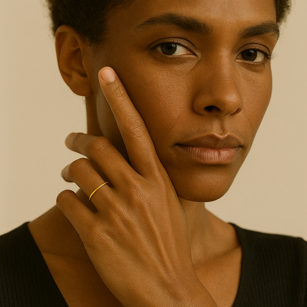 black woman wearing minimalist 14kt solid gold band ring – thin daily jewelry | Glowvy