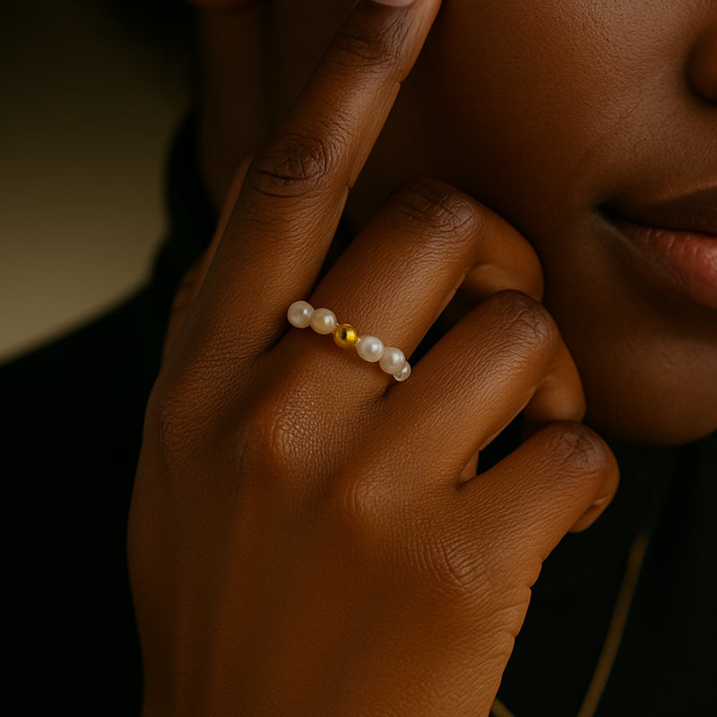 black woman wearing pearl beaded stacking ring – natural freshwater pearls | Glowvy

