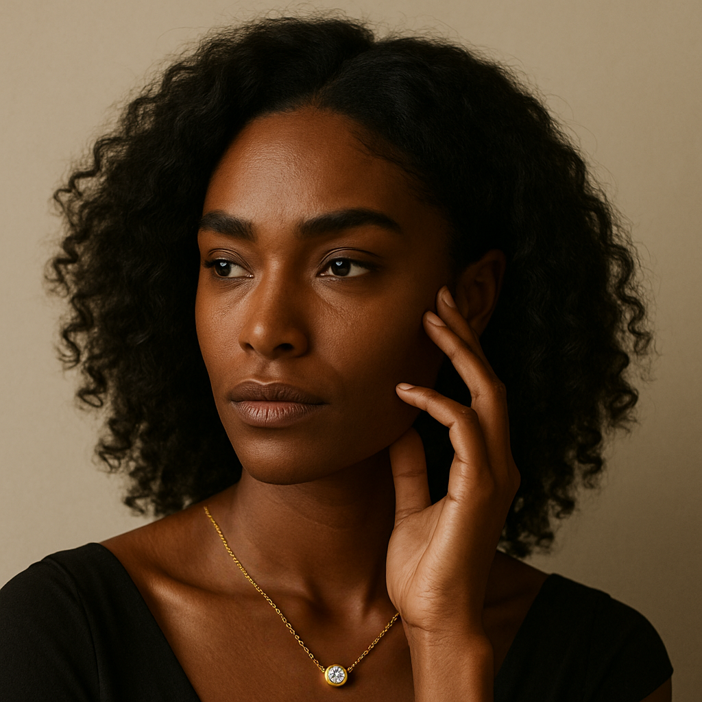 black woman wearing small gold diamond necklace – minimalist solitaire pendant for daily elegance
