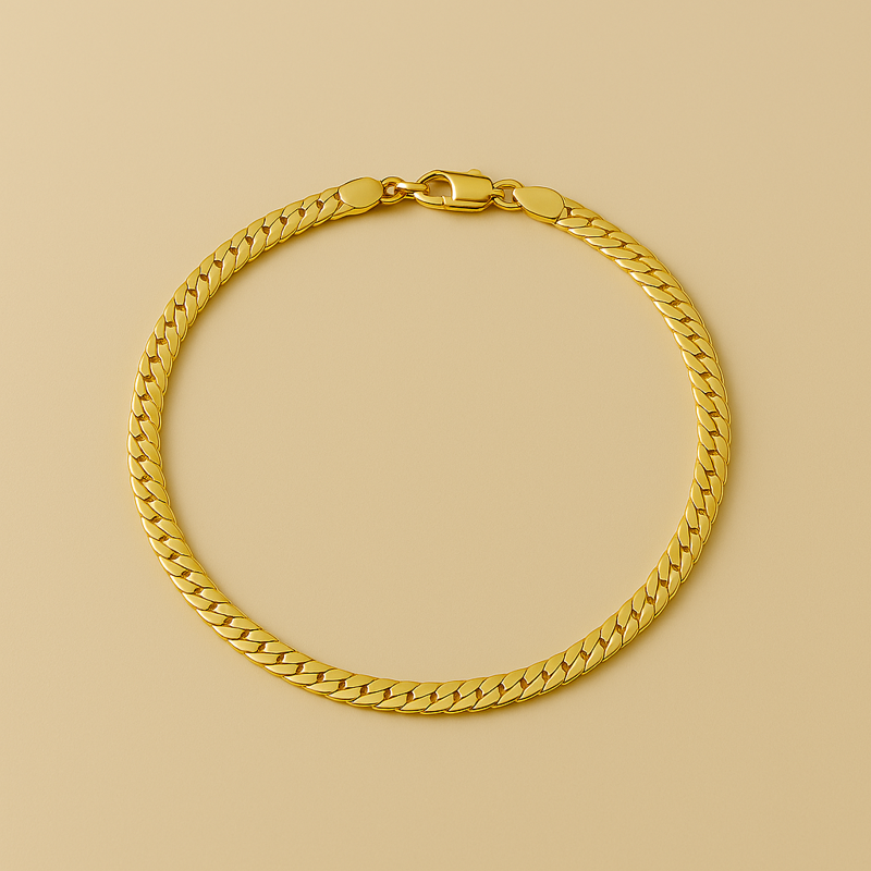 14k gold cuban chain bracelet – thick gold-plated stainless steel link bracelet on oat beige background
