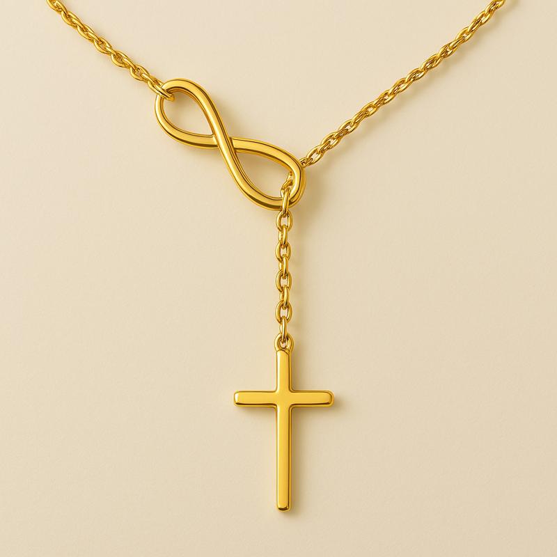infinity cross necklace in 14K gold-plated stainless steel – minimalist pendant on oat beige background

