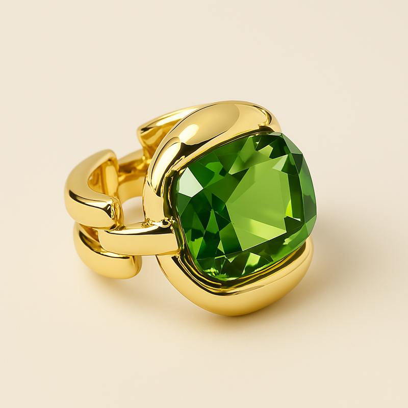 cushion cut green diamond ring with bamboo-inspired square gold band | Glowvy