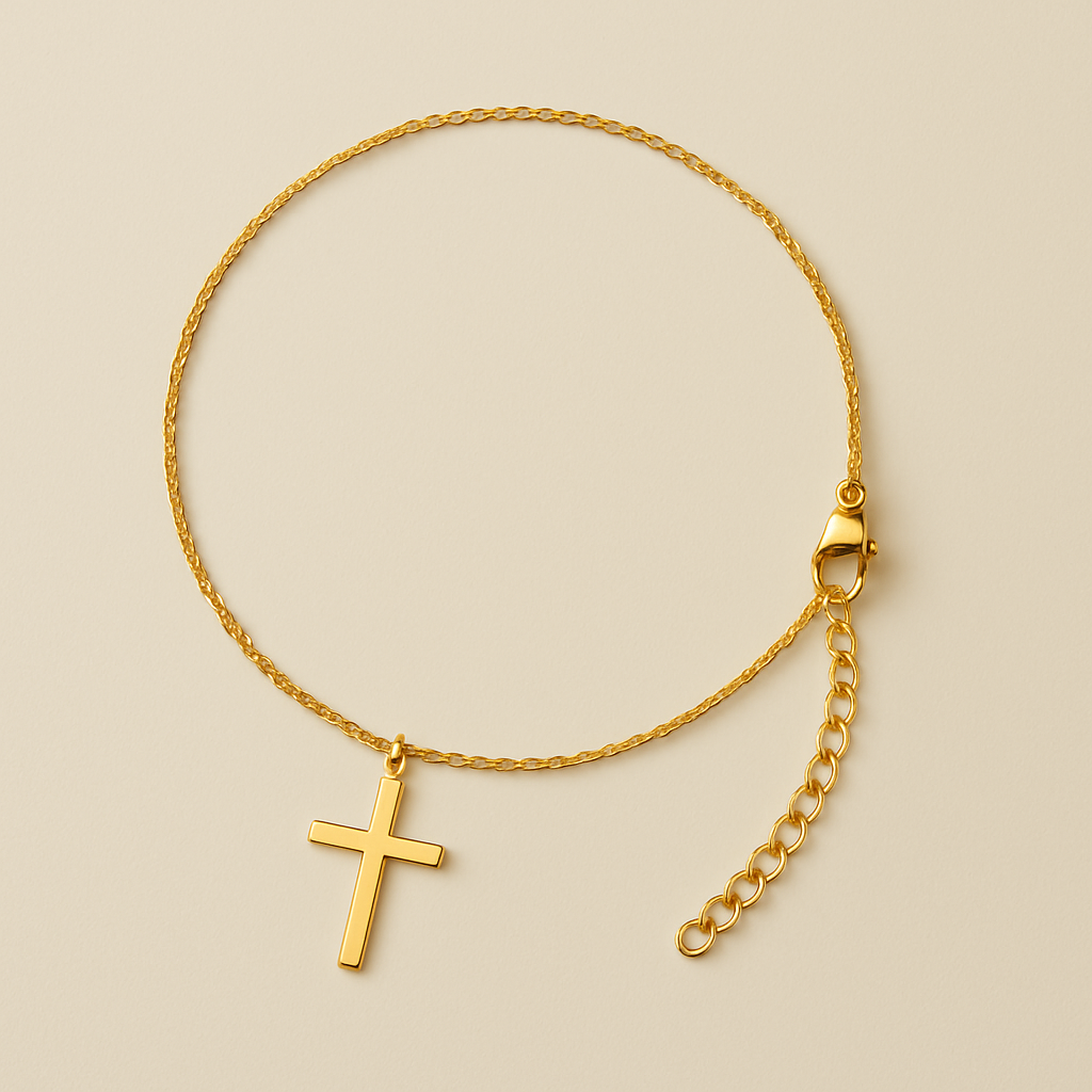 close-up of gold plated stainless steel cross pendant – everyday layering necklace

