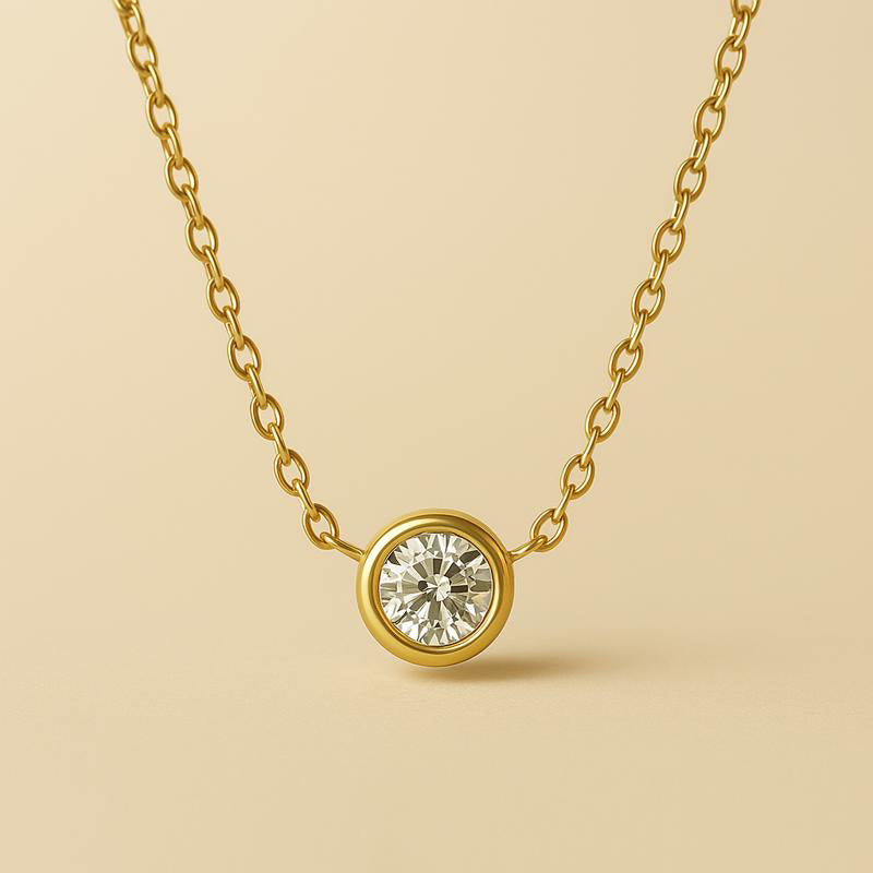 floating solitaire gold diamond necklace – 14k gold plated stainless steel on oat beige background