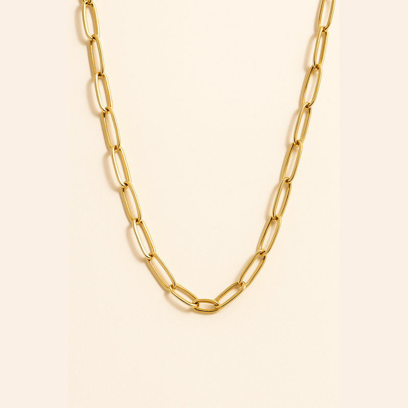 14k gold paperclip necklace on oat beige background – minimalist chain design for daily wear