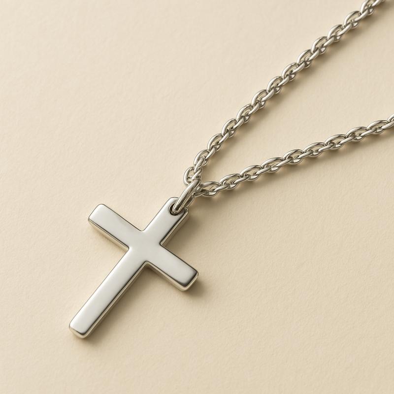 close-up of silver plated stainless steel cross pendant – everyday layering necklace
