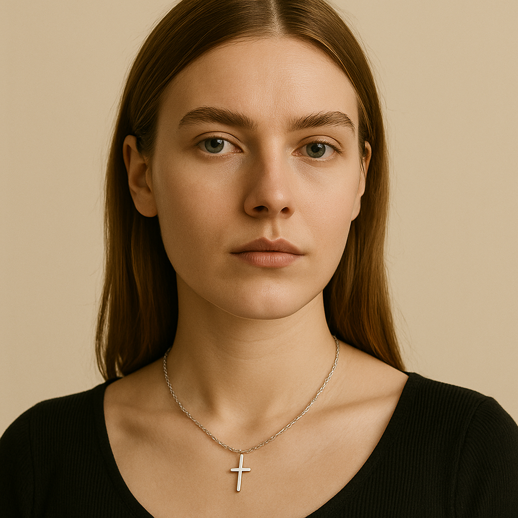 white model with silver cross pendant necklace – dainty stainless steel chain on oat beige