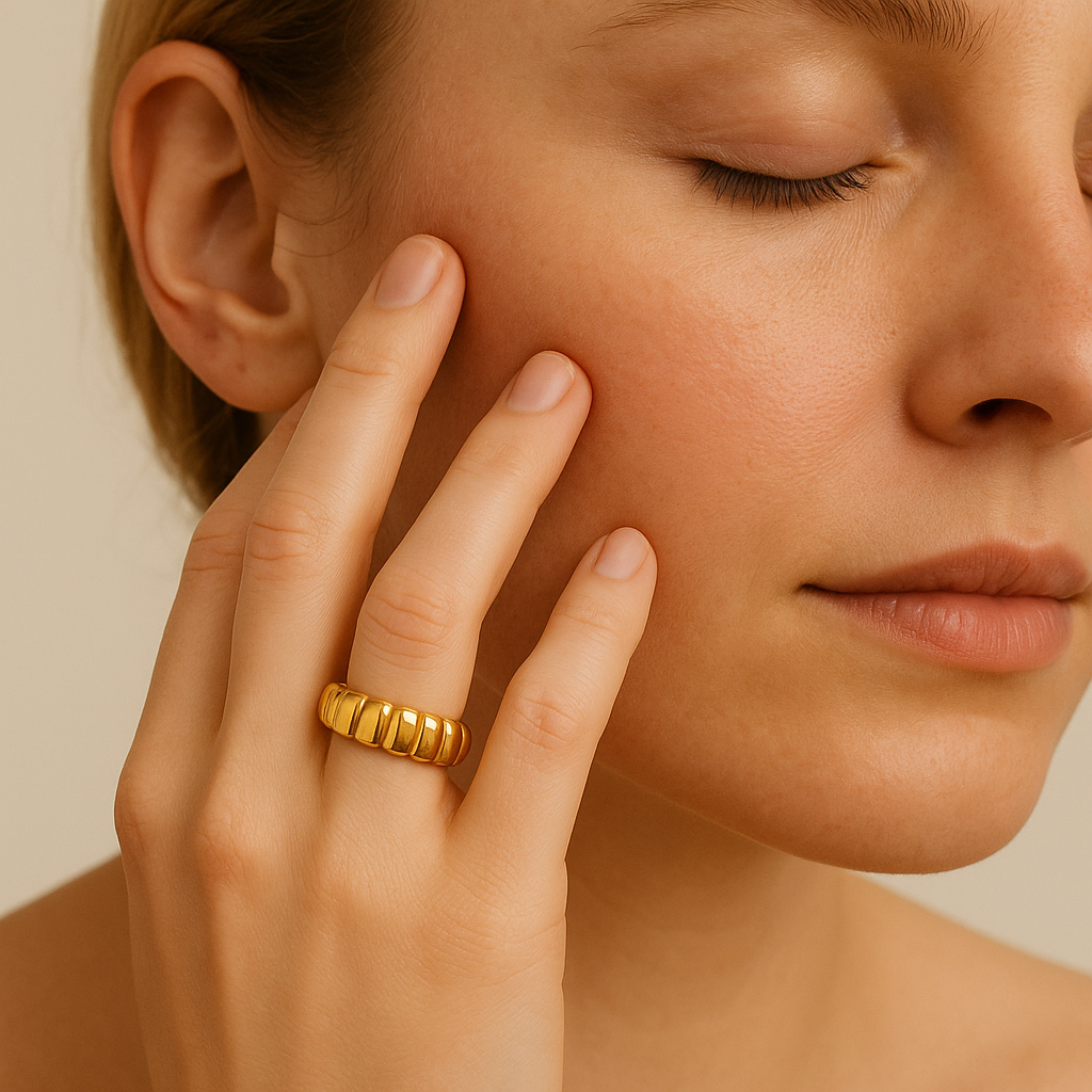 white woman modeling 14k chunky gold band ring – minimalist wave ring style | Glowvy
