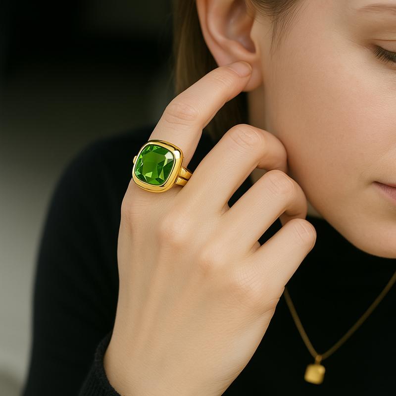 white woman modeling cushion cut green diamond ring – gold-plated square band | Glowvy