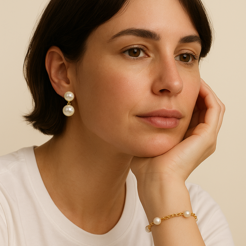 white woman modeling gold and pearl drop earrings – dainty and chic | Glowvy

