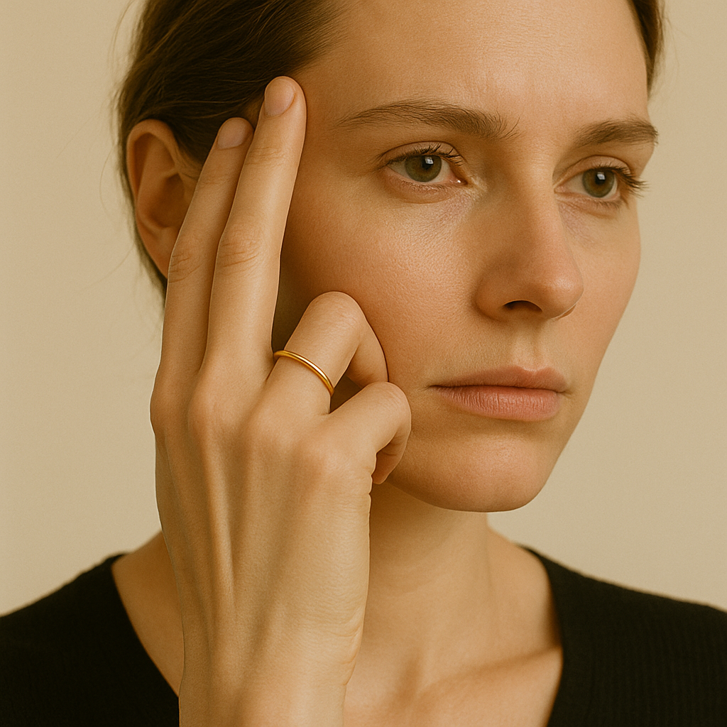white woman modeling thin 14kt gold ring – solid band minimalist look | Glowvy